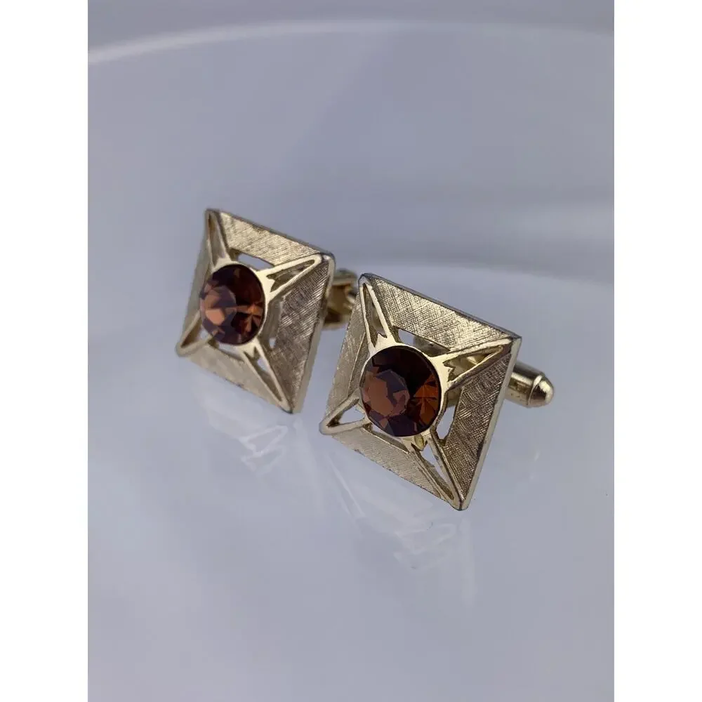 Square Brown Rhinestone Gold Tone Cufflinks Modern Formal Cutout Shields Vintage